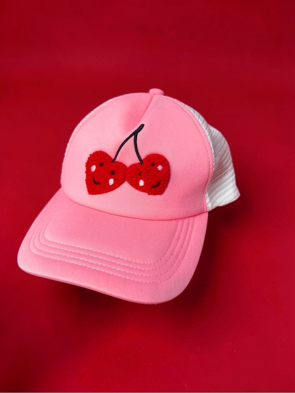 Y2K Pink Cherry Patch Trucker Hat with White Mesh